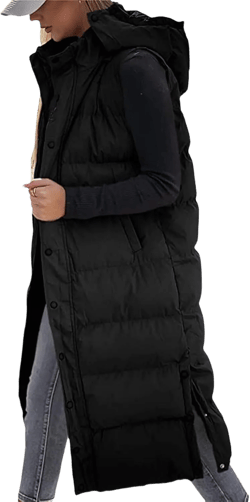 Thatrich Long Puffer Vest Women Lightweight Quilted Jackets Sleeveless Puffy Padded Coats Outwear Vests Outdoor Hooded Gilet Medium Black