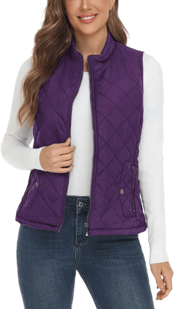 YESLIFE 2024 Women's Outwear Quilted Vest With One Inside Pocket - Stand Collar Lightweight Padded Gilet for Women Purple Large