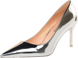 JOEupin Women's Pumps 3 inch High Heels for Women Pointed Closed Toe Patent Leather Sexy Stiletto Wedding Heel Homecoming Prom Shoes 6.5 Silver