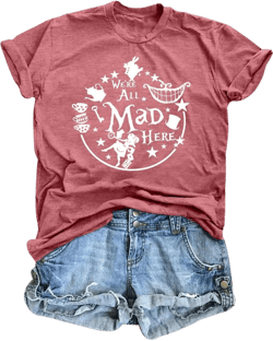 ASTANFY We're All Mad Here Shirt Women Magical Graphic Tees Cute Vacation Tops Casual Short Sleeve Shirts Pink Medium