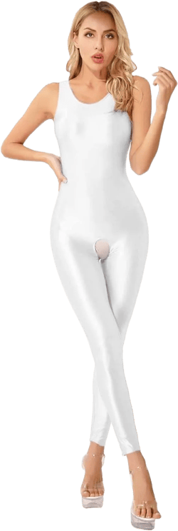 Women's Shiny Oily Bodystockings Jumpsuits Tank Bodysuits Silky High Elastic Hollow Out Unitard White Small