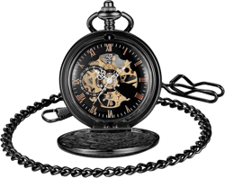 Personalized Mens Pocket Watch Skeleton Mechanical Hand Winding Half Hunter Silver Black Case Roman Numerals with Gift Box Cus-black