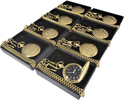 Gold Polished engraved pocket watches, set of 3 - gift set for Men or Women - Groomsmen personalized Watch with Chain and box included - Engraving included, Wedding set for Him or Her. (Gold Polished)