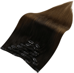 Full Shine Ombre Clip in Hair Extensions Real Human Hair Black to Medium Brown 16 inch 120g Black Balayage Human Hair Clip in Hair Extensions Double Weft Straight Hair 7pcs for Thin Hair