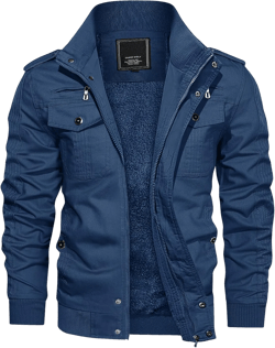 CRYSULLY Men's Winter Casual Thicken Multi Pocket Field Jacket Outwear Fleece Cargo Jackets Coat Large 157# Denim Blue