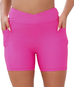 Women's 7" Plus Size Cross High Waisted Board Shorts with Side Pockets Boyshorts Swimsuit Bottoms Standard Small Hot Pink