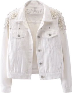 Kedera Women's Jean Jacket Embroidered Rivet Pearl Short Denim Jacket Coat Medium White