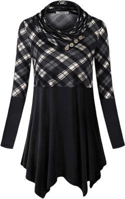 Cestyle Womens Fall Long Sleeve Cowl Neck Asymmetrical Hemline Flowy Tunic Top A Plaid Dark Gray X-Large