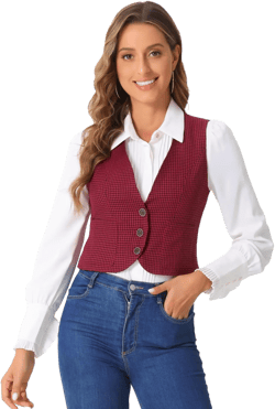 Allegra K Plaid Vest for Women's Single Breasted Sleeveless Racerback Vintage Waistcoat Small Red Black