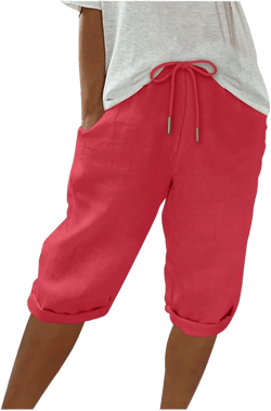 Womens Cotton Linen Summer Shorts Drawstring Bermuda Shorts Dressy Casual Comfy Beach Shorts Trendy Vacation Outfits J017-red Medium
