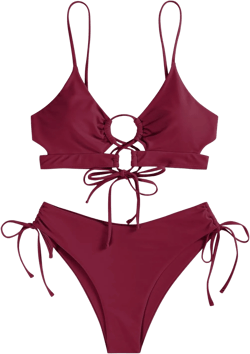 ZAFUL Women's Cheeky Bikini Set 2 Piece Sexy String High Cut Swimsuits Lace Up Tie Side Bathing Suits 2025 Red X-Large