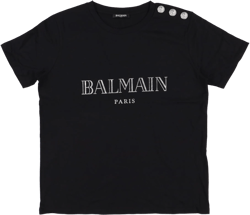 Balmain Black Metallic Silver Logo Lion Buttons T-Shirt