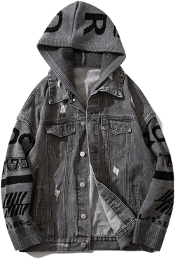 Men Denim Jacket Men's Spring and Autumn Loose Stitching Sweater Hooded Jacket