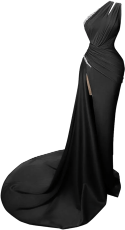 Fanciest Women's Beaded One Shoulder Satin Prom Dress with Slit Long Formal Dresses with Train 26 Plus Black