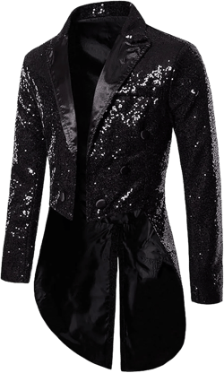 Mens Sequin Tuxedo Jacket Sparkly Tails Slim Fit Tailcoat Dress Coat Swallowtail Dinner Party Wedding Blazer Suit Jacket Large A - Black