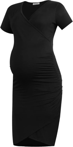 Smallshow Women's Maternity Short Sleeve Dress Ruched Casual Wrap Pregnancy Clothes Medium Black