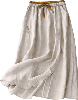 Embroidery Maxi Skirts for Women with Pockets Midi Length Long Skirt Casual Beach Party Holiday Cotton Linen Skirt Beige XX-Large