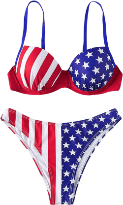 WDIRARA Women's 2 Piece American Flag Print Push Up Beachwear High Cut Bikini Set Multicolor Blue Small
