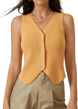 Women Knit Sweater Vest Tops Y2k Button Front V-Neck Sleeveless Crochet Going Out Tank Top Streetwear Small Yellow