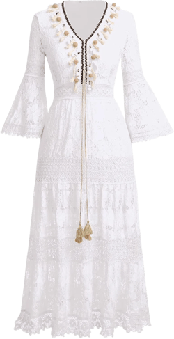 OBEEII Boho Dress for Women, Sleeveless V Neck Lace Up Tassel Summer Beach Maxi Dresses Flowy Long Sundress Medium White-3/4 Sleeve