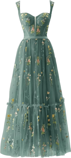 Embroidery Floral Prom Dresses for Women Tea Length Flowy Tulle Corset V Neck Modest Formal Party Dress with Pockets Peacock 0