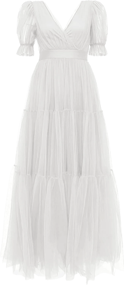 Women's Puffy Sleeve Tulle Prom Dresses Long Deep V Neck Evening Party Dress Empire Waist Ivory 24 Plus