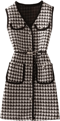 plaid Mid-Length Vest Jacket with belt Casual Long Waistcoat And Knitted Sweater Piece Set Women Outfits Small S2 Black