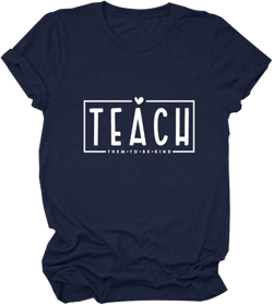 Teach Them to Be Kind T-Shirt Funny Teacher Shirts Women's Casual Short Sleeve Crew Neck Tees Funny Letter Graphic Tops Small Navy Blue