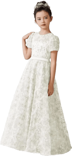 dideyttawl Girls Dress A-Line 3D Embroidery Tulle Flower Appliqued Satin Bow Tie Belt High-Waisted Elegant Full Length Dress 8 Ivory