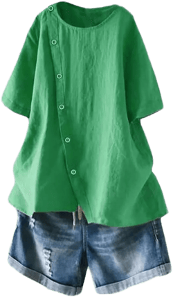 Minibee Women's Linen Blouse Tunic Short Sleeve Shirt Tops With Buttons Decoration Medium Green