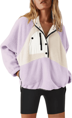 Nirovien Womens Fleece Pullover Long Sleeve Sherpa Jacket Button Down Fuzzy Sweatshirt Warm Outwear with Pockets Medium A Beige Grey Purple