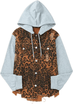Leopard Distressed Drawstring Hooded Denim Jacket