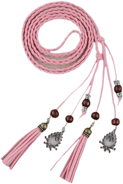 Women Retro Tassel Braided Belts Skinny Woven Waist Belts Beads for Skirt Dress Pink