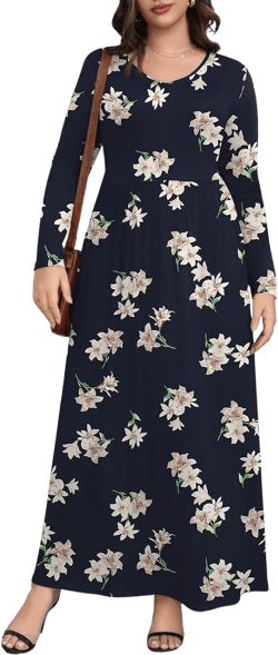 Askyes Womens Plus Size Maxi Dresses Long Sleeve Casual V Neck 2023 Fall Winter Soft Loose Fit T-Shirt Dress with Pockets 4X-Large Plus A12-blue Lily