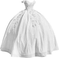 Women's Glitter Tulle Quinceanera Dresses Ball Gown Lace Prom Dress Off Shoulder Princess Sweet 16 Dresses 16 White