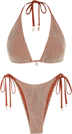 ZAFUL Women's Triangle Bikini Multiway Fishnet Tie Side Bandeau Halter String Bikini Set Two Piece Swimsuit Bathing Suits (1-Coffee, S)