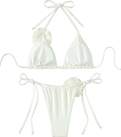 Women's Floral Appliques Cute Bathing Suit High Waisted Triangle Tie Side Swimsuit Bikini Set Small White