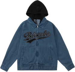 Men Denim Jacket Stitching Contrast Color Hooded Denim Coat Men's Clothing Spring and Autumn Embroidery Letters
