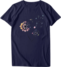 Summer Tops for Women 2025 Cute Floral Graphic Tees Crewneck Short Sleeve Shirts Dandelion Print Teen Girls Cotton Tshirts X-Large D-navy