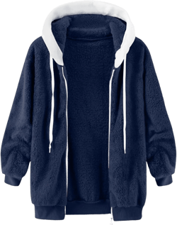Women Fuzzy Hoodie Zip Up Fleece Jacket Long Sleeve Colorblock Sweatshirt Oversized Fluffy Coat Fall Winter Outerwear #02 Navy 3X-Large