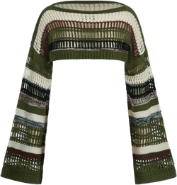 SHENHE Women's Crochet Crop Sweater Hollow Out Long Bell Sleeve Striped Y2K Bolero Shrugs Goth Short Knit Rave Tops Large Green White Multi