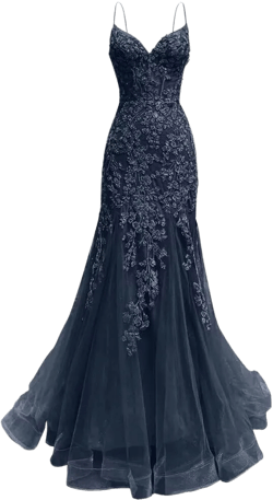 Lace Appliques Prom Dresses for Women Spaghetti Straps Mermaid Ball Dress Tulle V-Neck Formal Gown PD934 14 Navy Blue