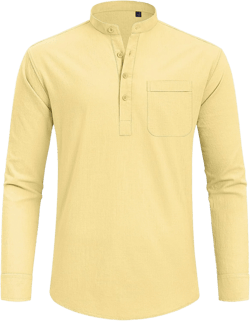 J.VER Men's Linen Roll Up Long Sleeve Shirt Cotton Casual Beach Shirts Henley T-Shirt Band Collar Vacation Tops with Pocket