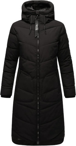 Women's Long Quilted Winter Jacket with Hood - Puffer Coat in Knee-Length - Benikoo XS-5XL Large Black