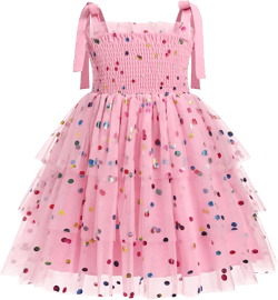 ODASDO Flower Girl Dress Kids Spaghetti Strap Tie Shoulder Smocked A-line Tutu Tulle Tiered Dress Special Occasion Dresses 5-6 Years Pink Confetti