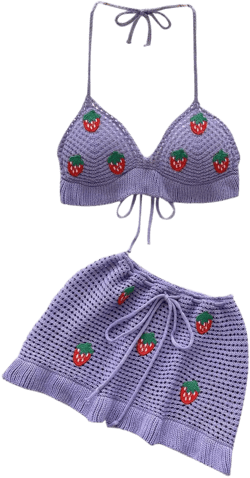 Women Crochet Knitted Two Piece Outfit Hollow Out Bikini Halter Top and Mini Skirt Swimsuit Beach Cover Up Set One Size Purple