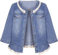 Women Lace Trim Round Collar Crop Denim Jackets Seven Sleeve Light Blue Short Jean Coat 4X-Large Three Quarter Sleeve