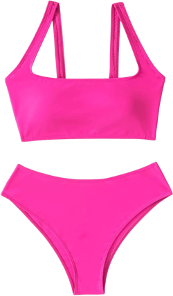 SweatyRocks Women's Swimwear Set Solid Scoop Neck High Waisted Bikini Swimsuits Solid Hot Pink S