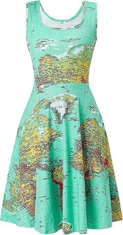 Womens Summer T Shirt Dresses Sleeveless World Map Print Scoop Neck Tank Dress A Line Ruched Racerback Midi Dresses Large Green