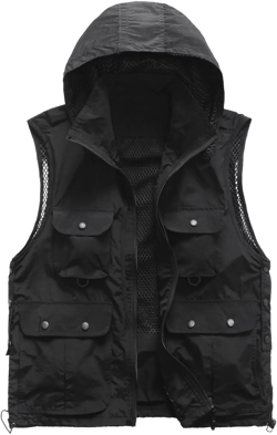 Mens Hooded Vest Casual Outdoor Work Safari Fishing Travel Photo Cargo Jacket Sleeveless Lightweight Vest Multi-Pockets Large Black